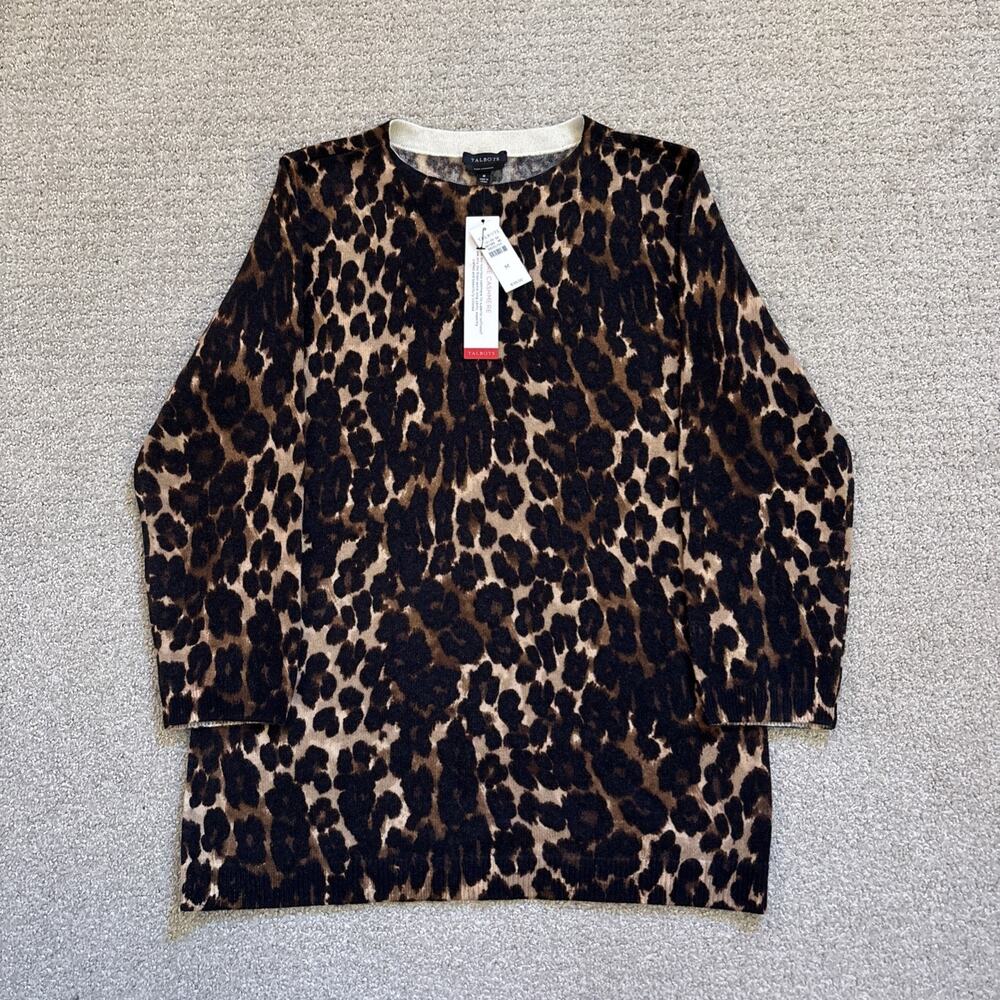 Talbots Sweater Size M Pure Cashmere Leopard Print 3/4 Sleeve Womens NWT